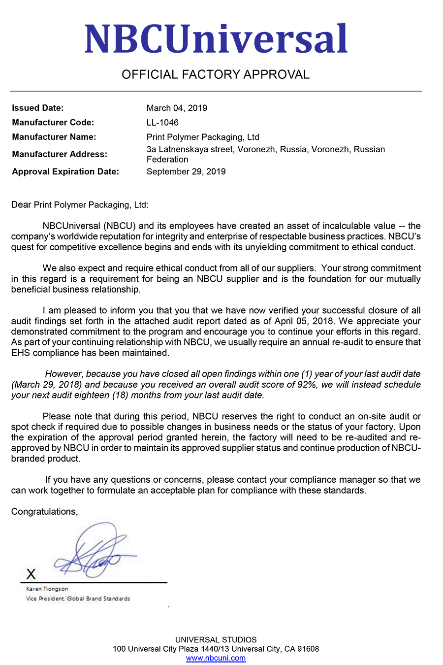 NBCUniversal Audit Certificate